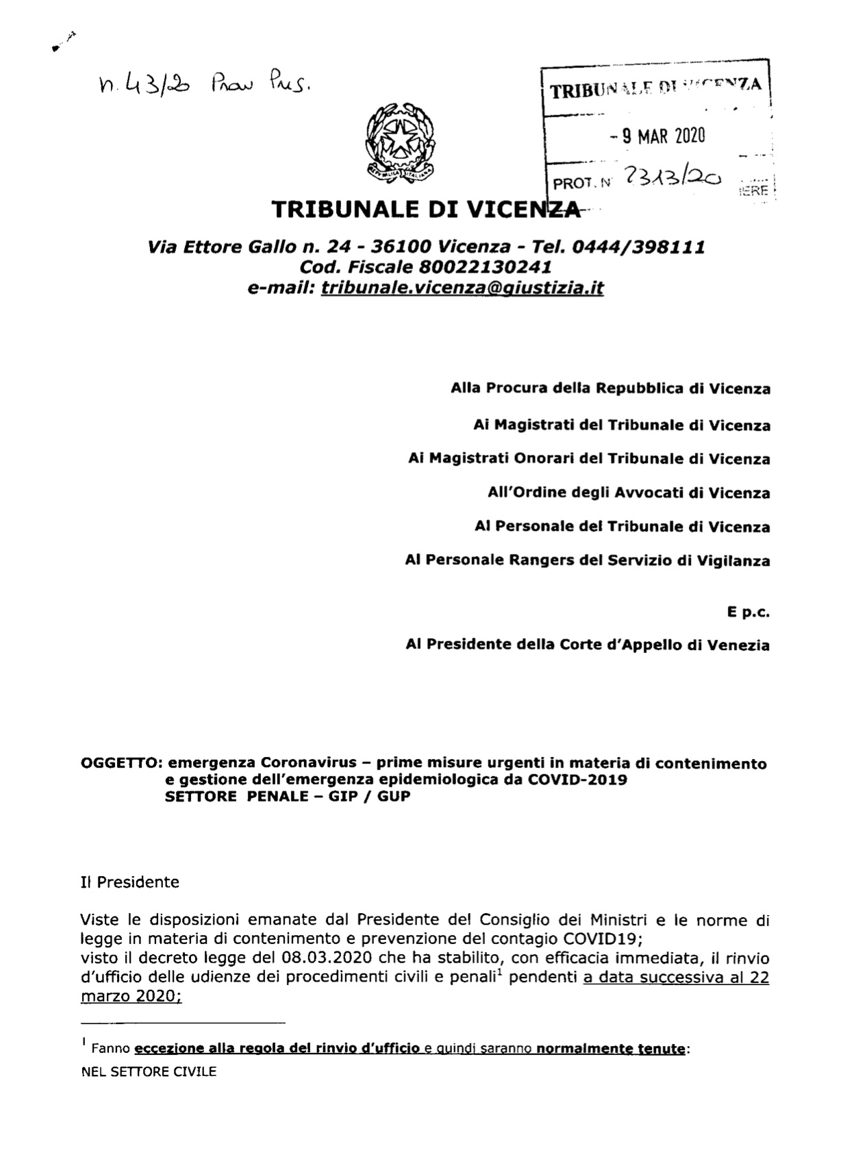 Provvedimento Presidente Tribunale di Vicenza 9.03.2020 - Settore Penale